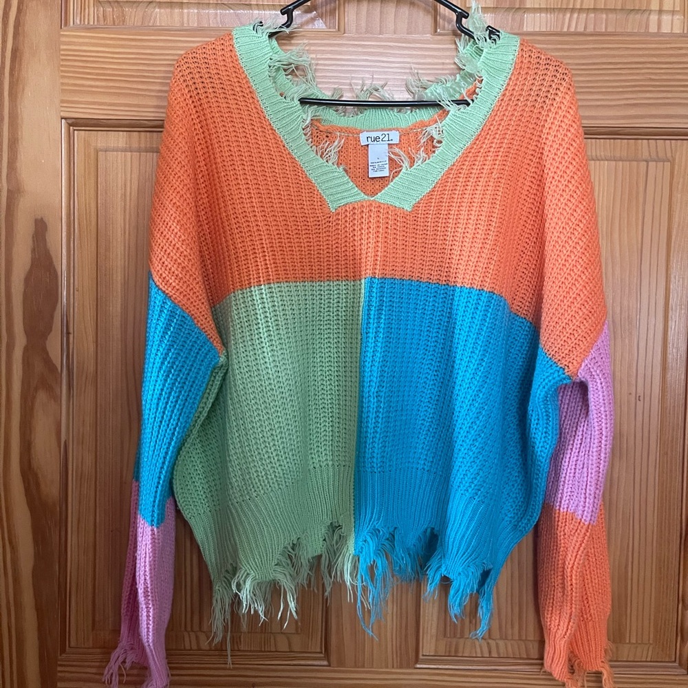 Rue21 Orange and Blue V-Neck Sweater